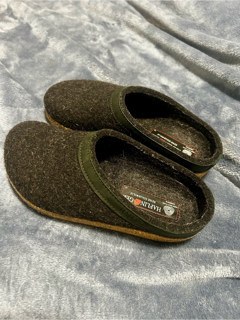 Haflinger Grizzly GZH Leather Trim Slippers Gray Wool Cork Clog Wmns 36